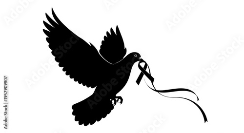 Bird Flying with Ribbon in Beak Silhouette.