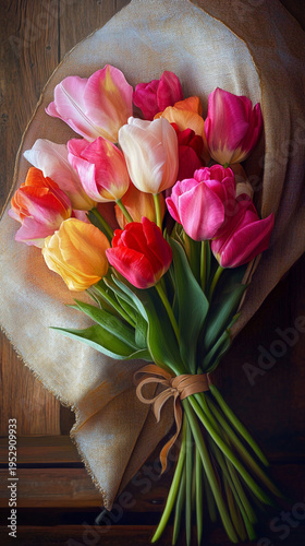 Bouquet of colorful tulips wrapped in paper on wooden background  