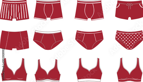Collection of red underwear and bras displayed in a grid.