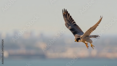 Peregrine Falcon in Flight Over Cityscape