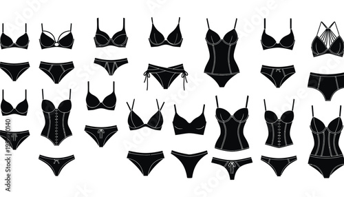 Lingerie vector icons set of various black women's underwear illustrations