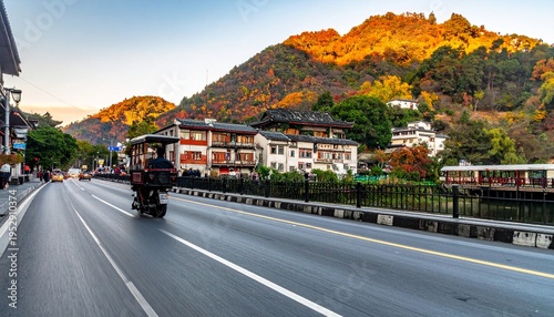 Scenic Bhutan Road with Mountains and Traditional Architecture.