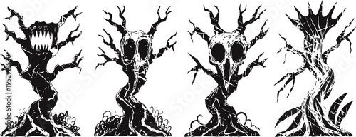 spooky bare twisted trees silhouettes with gnarled branches and creepy faces for halloween design