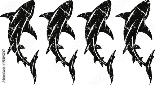 Four grunge sharks in row, ocean predator silhouettes, marine wildlife pattern design
