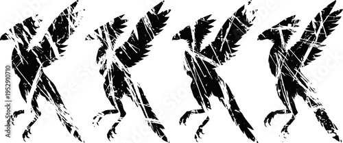 grunge black eagle silhouettes in various flying poses with distressed texture effect