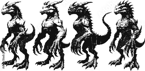 black and white dragon creature silhouettes in various poses with detailed scales and claws