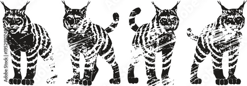black and white grunge tabby cat illustrations in various walking poses