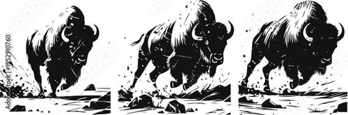Buffalo herd running wild across the plains in dynamic action pose black and white ink drawing