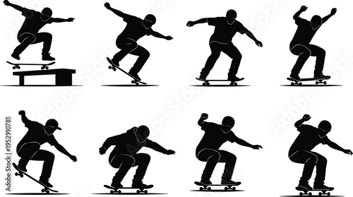 Set of black skateboarder silhouettes performing ollies, kickflips, and grinds on skateboards, isolated vector illustrations for urban extreme sports design