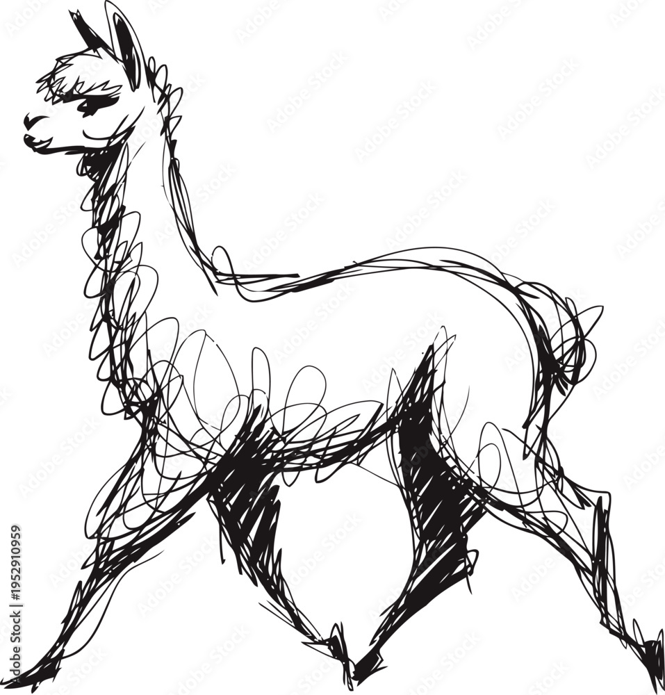 Fototapeta premium abstract sketch of a walking llama hand drawn animal outline, freeform ink drawing, expressive minimal