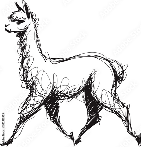 abstract sketch of a walking llama hand drawn animal outline, freeform ink drawing, expressive minimal