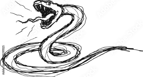 Snake with open mouth hissing and forked tongue out in aggressive posture