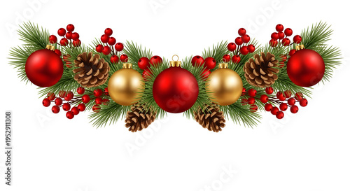 Christmas garland with red gold baubles pine cones holly berries festive decoration on white background