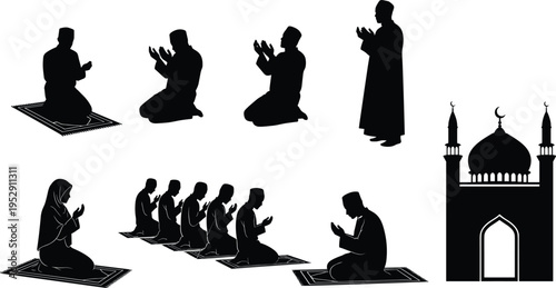 Islamic Prayer Silhouette Set with Muslim People Praying on Rugs, Mosque Architecture Icon, Ramadan Kareem Celebration Design Elements, Spiritual Vector Collection.