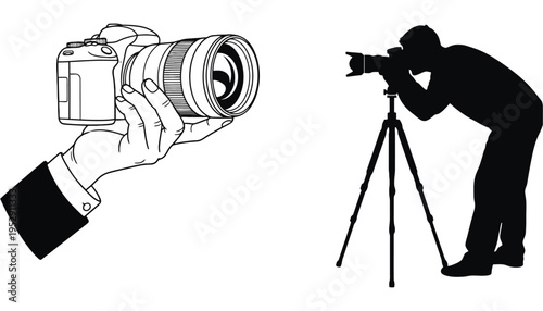 A camera icon illustration of a photographer at work with a tripod