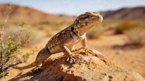 Desert lizard on a rock in arid landscape with sparse vegetation