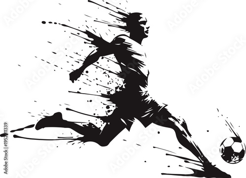 Dynamic soccer player silhouette kicking ball with splatter ink effect, sport energy and motion concept