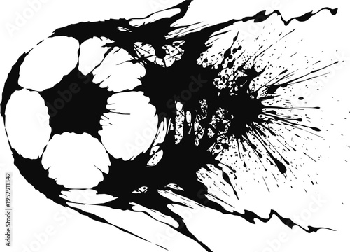 Abstract black ink splash shaped as a soccer ball in dynamic motion with splatter trails
