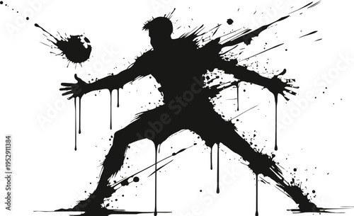 dynamic silhouette of soccer goalie diving to block ball with paint splatter effect