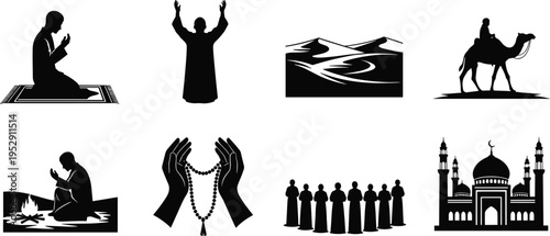 Islamic Religious Silhouette Icon Set Featuring Muslim Man Praying Mosque Desert Landscape Prayer Beads Camel Caravan and People In Worship Background
