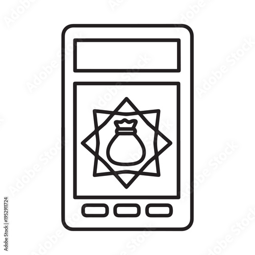 Premium Islamic Digital Wallet Icon on Smartphone Display, Sharia Compliant Mobile Payment with Geometric Arabesque Motif and Money Bag, Minimalist Vector