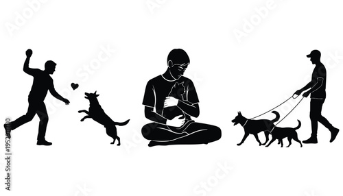 Dog silhouette vector illustration with owner and pet scenes