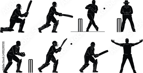 Cricket players silhouette collection featuring batsman hitting ball, bowler delivery, wicketkeeper stance, and umpire signaling wide, isolated vector icons set.