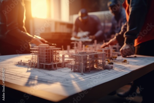 Group of people gathered around a detailed model of a building. Perfect for architectural discussions and presentations