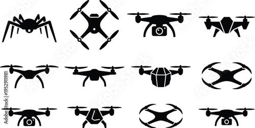 Drone and spider silhouettes collection quadcopter UAV aerial black vector icons set modern technology illustration