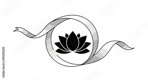 Black Lotus Flower Illustration with Ribbon.