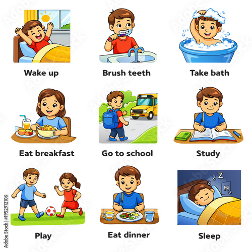 set of cartoon kids daily routine 