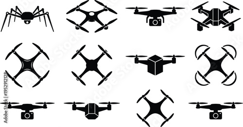Drone silhouettes set quadcopter UAV aerial technology black vector icons collection isolated modern flying devices