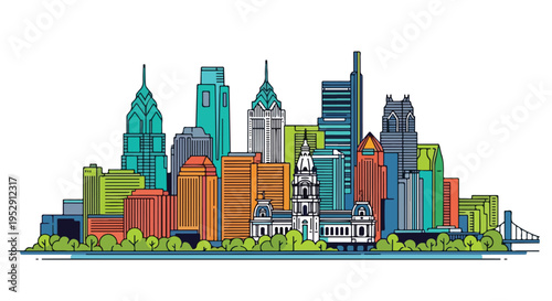 Illustration of a vibrant city skyline with diverse buildings and greenery against a white background in a flat, colorful style.