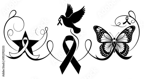 Black Ribbon Dove Butterfly Star Illustration.