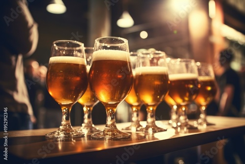 A row of glasses of beer on a bar. Perfect for showcasing a variety of beers or for a pub or brewery setting