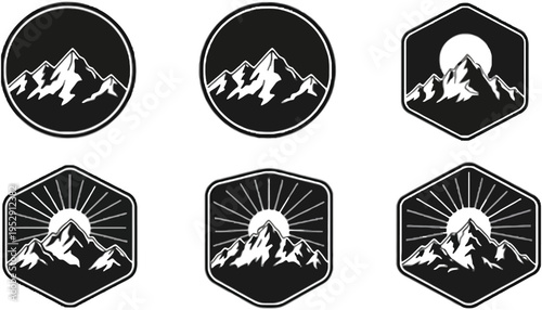 Mountain vector icons with sun and moon in black and white