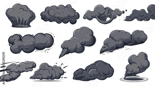 Set of black and white cloud silhouettes for weather icons and forecast symbols