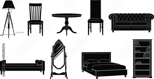 Black Home Furniture Silhouette Set Featuring Sofa Bed Table Chairs Lamp Mirror and Bookshelf Icons for Interior Design and Branding