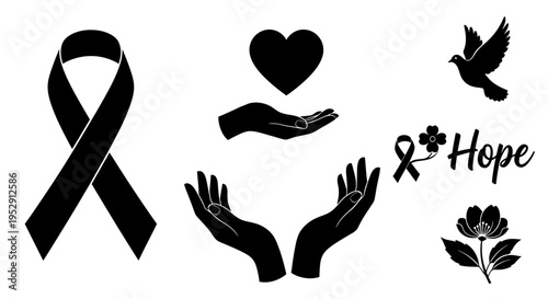 Black Ribbon Hope Hands Heart Dove Flower.