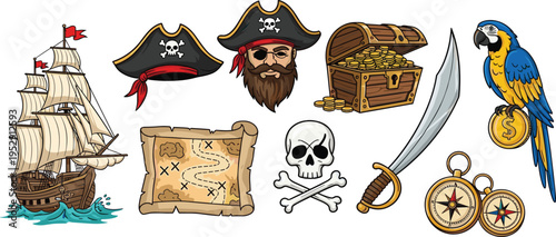 Pirate adventure vector set with sailing ship treasure chest map parrot skull and crossbones captain and gold for sea exploration.