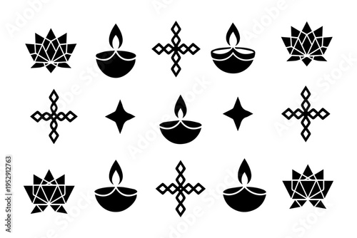 Diya Lamps and Geometric Lotus Flower Motifs for Diwali Celebration Vector Illustration