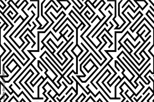 Abstract Geometric Labyrinth Maze Pattern in Black and White Vector Illustration