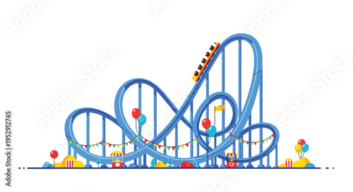 Colorful illustration of a blue roller coaster with red, yellow, and blue balls on a white background with a playful mood.