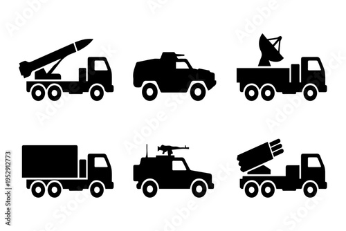 Collection of military vehicles with missile launcher, truck, and armored car vector illustration