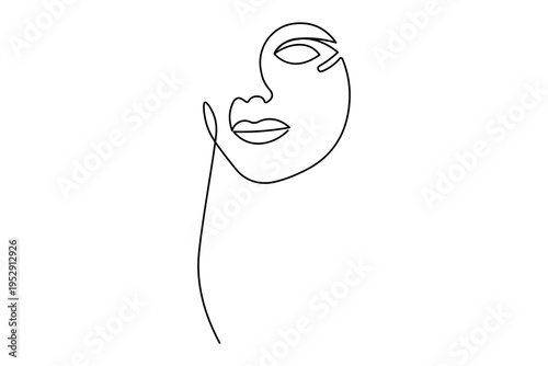 A minimalist continuous one line drawing of a woman's face. This elegant vector illustration features clean black lines on a white background, perfect for modern aesthetic designs and logos.
