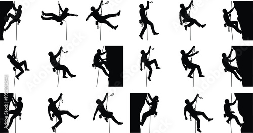 Rock climber silhouettes, climbing poses, rappelling figures, harness gear, rope action, vertical ascent, outdoor sport, adventure sketch, cliff movement, silhouette design