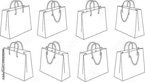 Shopping bag icons, handle variations, packaging design, silhouette style, retail merchandise, line art, product development, bag illustration, minimal sketch, branding concept