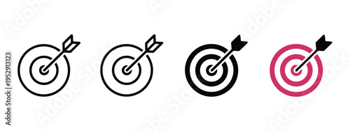 target icon with arrow in center, goal focus and accuracy concept, bullseye pictogram for success achievement strategy and direction, planning performance and business goals vector