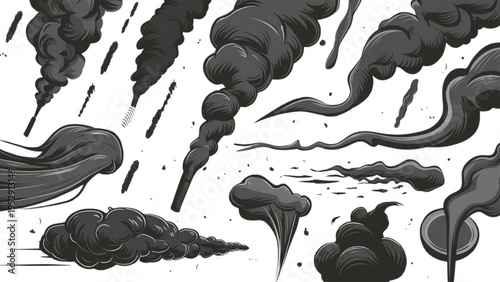 Black and white smoke abstract vector illustration with grunge ink style on white background with nature silhouette elements