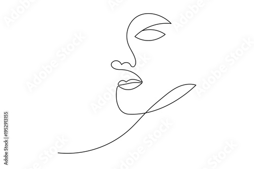 A minimalist continuous one line drawing of a woman's face. This elegant vector illustration features clean black lines on a white background, perfect for modern aesthetic designs and logos.